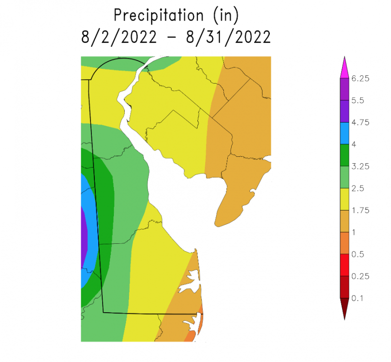 Precipitation in Delaware and surrounding areas over the last 30 days generated Sept. 1 by the NOAA Regional Climate Center. SCREENSHOT